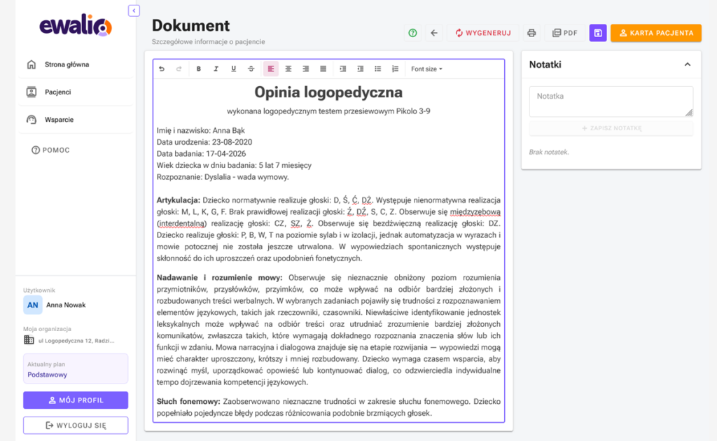 screen z aplikacji ewalio, - Gotowa opinia logopedyczna na podstawie wprowadzonych danych.